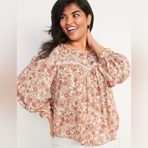 Old Navy All Over Floral Lace Trim Balloon Sleeve Peasant Boho Fall Blouse XXL